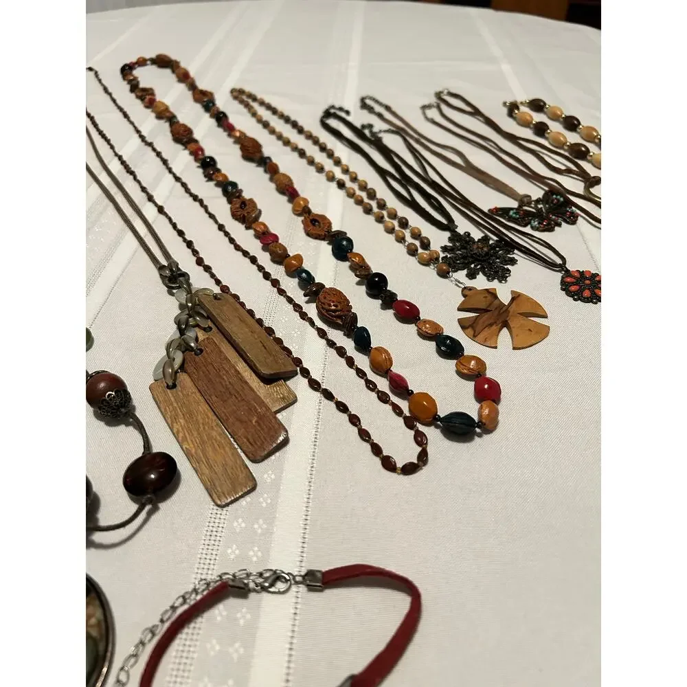 Vintage Nature Mixed Lot 16Pc Wood Leather Seed Bead Necklace Bracelet Lot